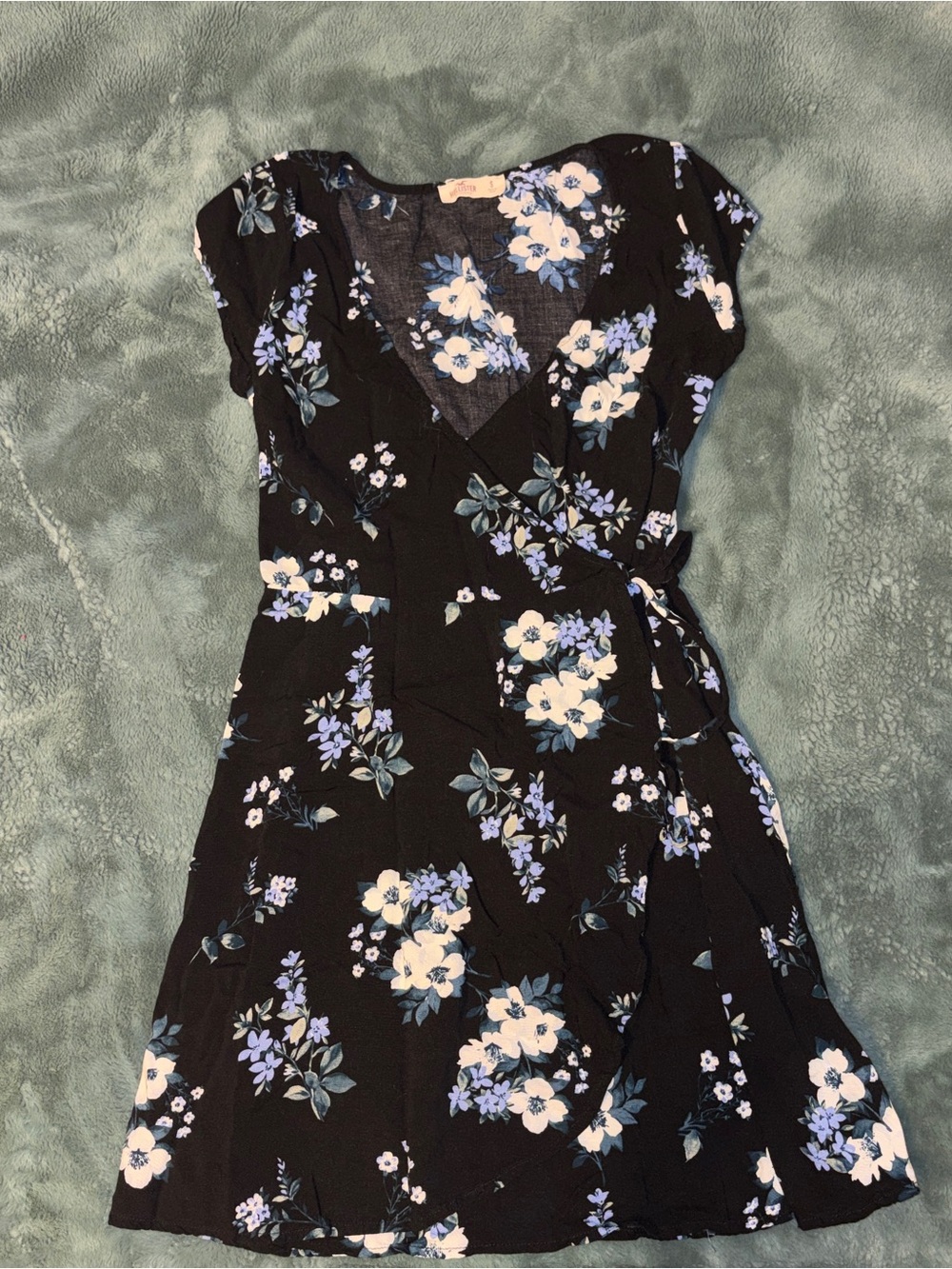 Hollister Black Floral Wrap Mini Dress with Blue and White Flowers